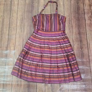 Kay Unger Womens Dress Purple 10 Halter Pleated Striped Lined Knee Length